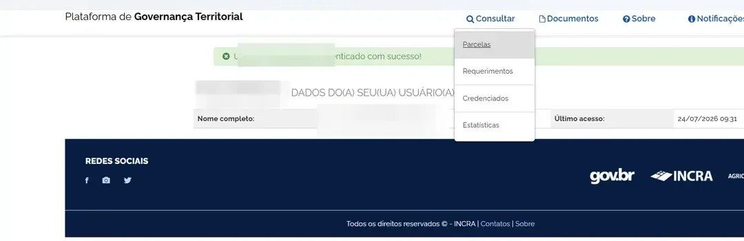 Menu Consultar do SIGEF com a opção Parcelas destacada.